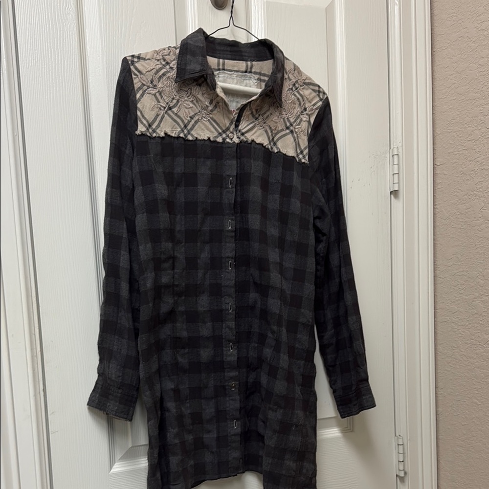 Johnny Was Black and Beige Checkered Shirt